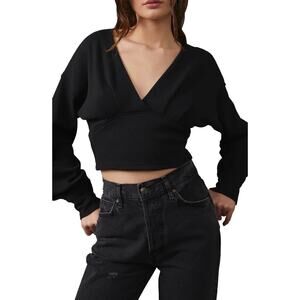 Free People We The Free All Nighter Thermal Cropped Top Women’s XL Black NWT